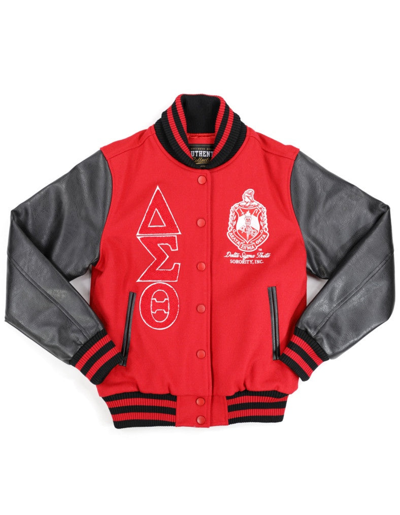 Delta Sigma Theta DST wool jacket letterman leather sleeves red black button up jacket fully decorated
