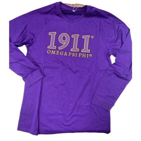 Omega Psi Phi 1911 embroidered long sleeve tee purple with purple and old gold embroidery