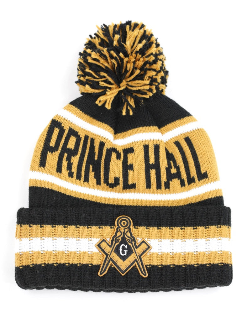 Prince Hall Mason PHA Square and Compass F&AM Beanie Hat Toboggan Winter Knit Black Gold and White
