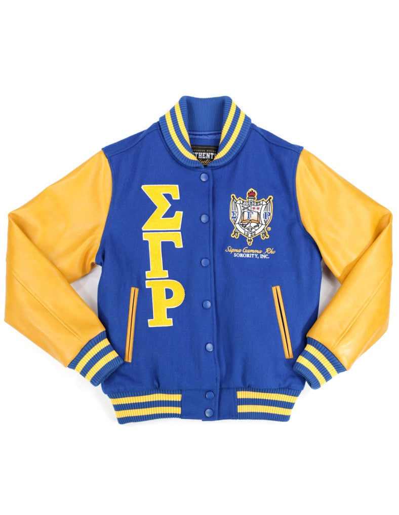 Sigma Gamma Rho SGR SGRho wool jacket letterman leather sleeves button up jacket fully decorated women's varsity jacket wool coat blue and gold