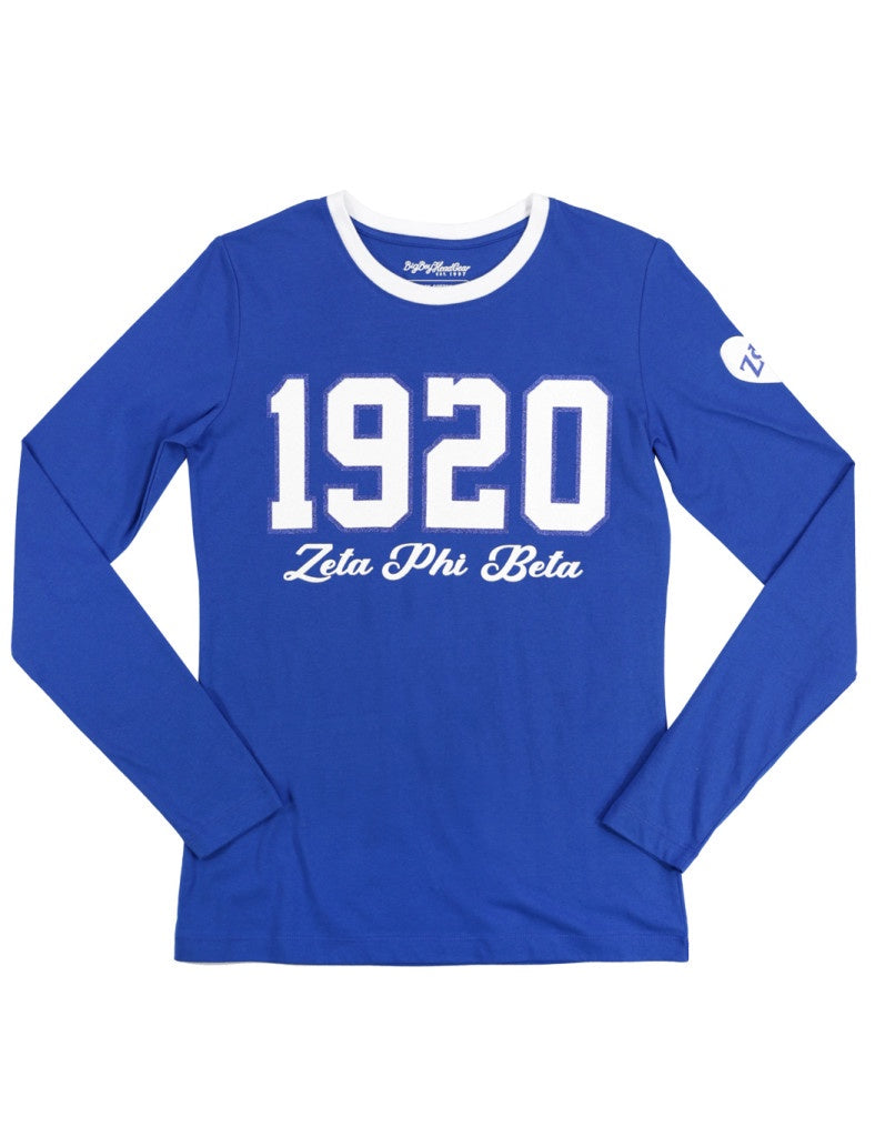 Zeta Phi Beta 1920 Greek Ladies Long Sleeve Glitter Print Tee with Contrast neckband and heart on sleeve with Greek Letters Black Tee with Blue and White Print or Blue Tee with Blue and White Print