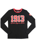 Delta Sigma Theta 1913 Greek Ladies Long Sleeve Glitter Print Tee with Contrast neckband and heart on sleeve with Greek Letters Red Tee with Red and White Print or Black Tee with Red and White Print