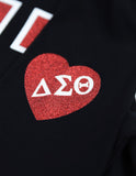 Delta Sigma Theta 1913 Greek Ladies Long Sleeve Glitter Print Tee with Contrast neckband and heart on sleeve with Greek Letters Red Tee with Red and White Print or Black Tee with Red and White Print