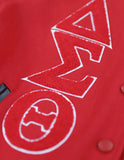 Delta Sigma Theta DST wool jacket letterman leather sleeves red black button up jacket fully decorated
