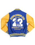 Sigma Gamma Rho SGR SGRho wool jacket letterman leather sleeves button up jacket fully decorated women's varsity jacket wool coat blue and gold