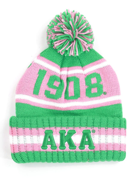 AKA Alpha Kappa Alpha I908 Ivy Leaf Beanie Hat Toboggan Winter Knit Pink hat with green and white accents or Black hat with pink green and white accents