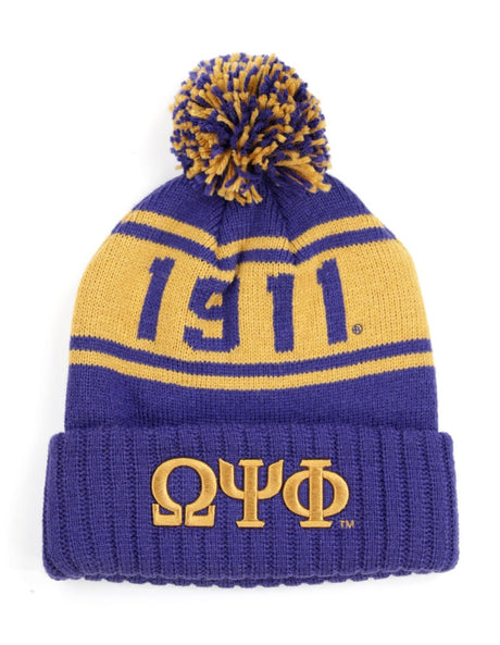 Omega Psi Phi 1911 Invictus Beanie Hat Toboggan Winter Knit Purple and Gold