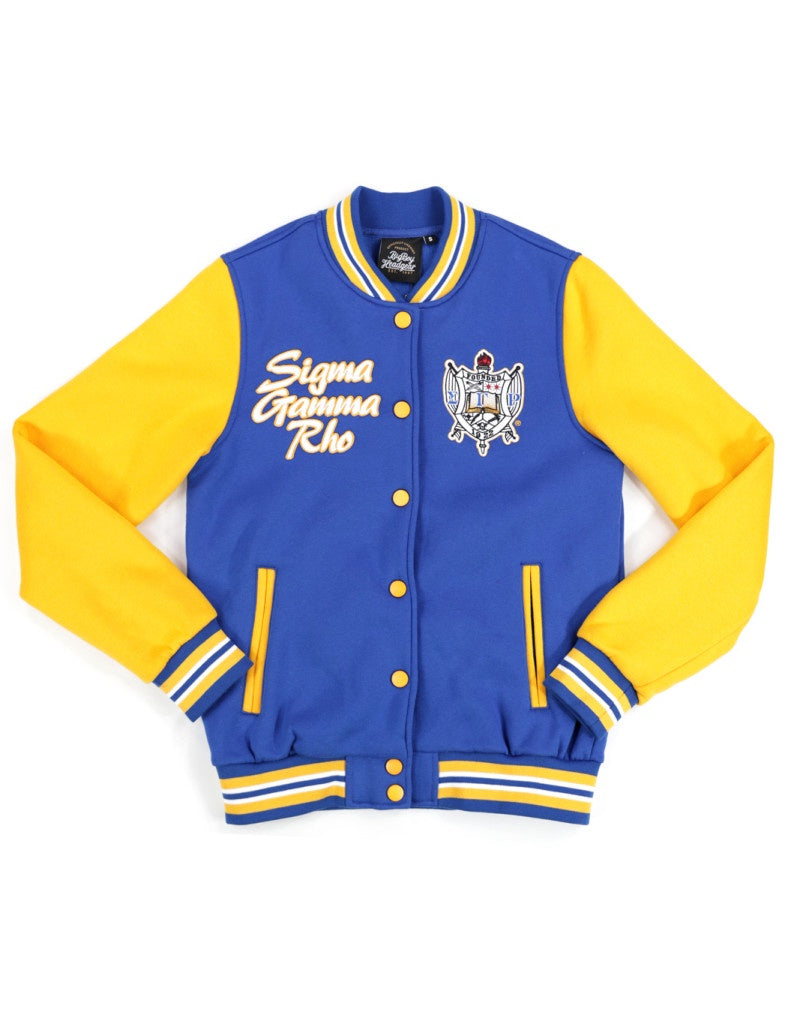 Sigma Gamma Rho SGR SGRho fleece snap up jacket gold and royal lightweight embroidered